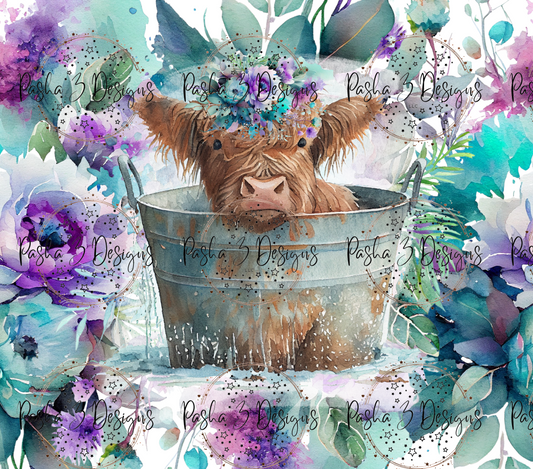 New: Baby Highland Cow In Bath Blue And Purple
