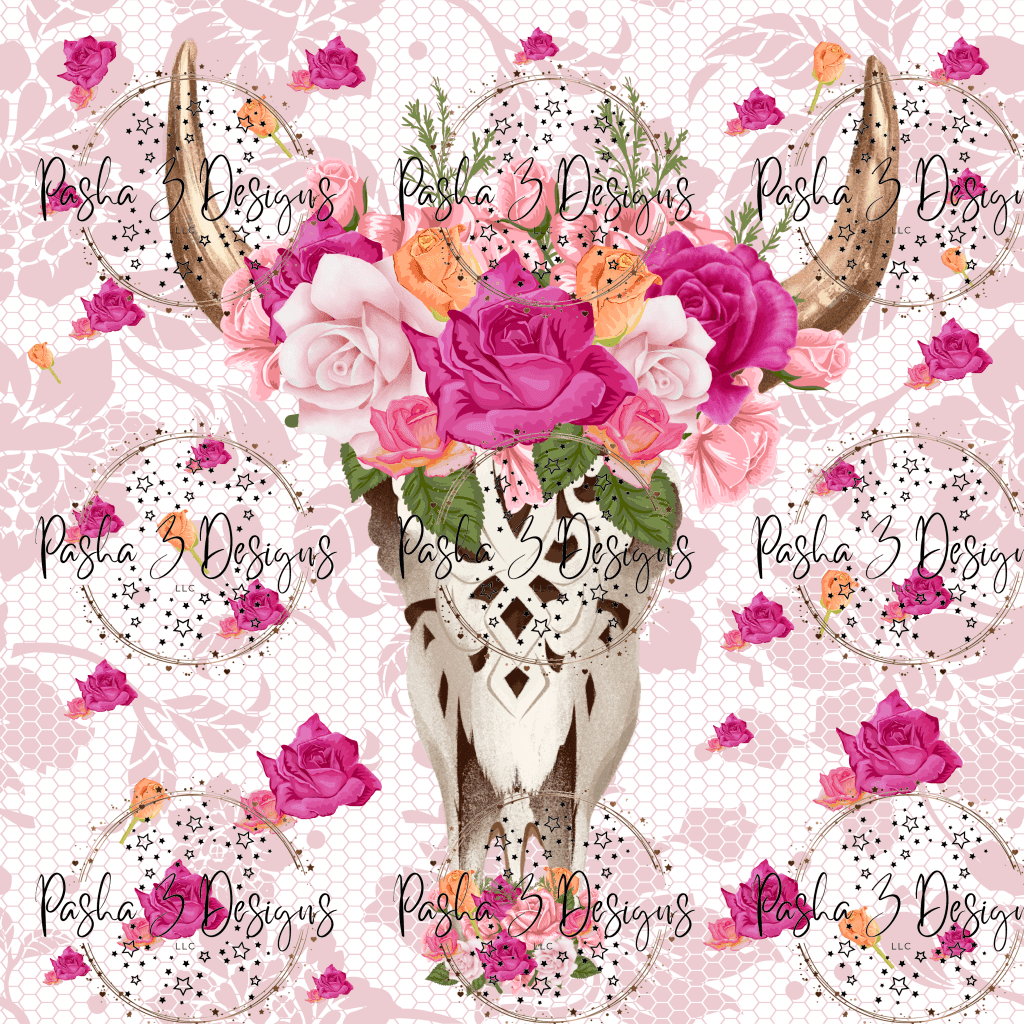 Cow Skull Pink Floral Lace