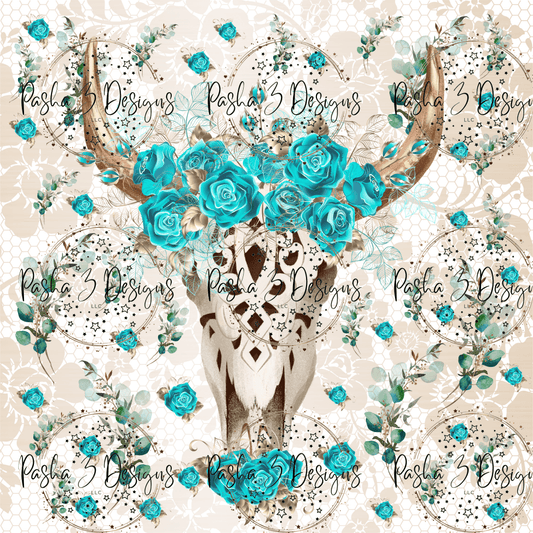 Cow Skull Turquoise Lace Blue Flowers