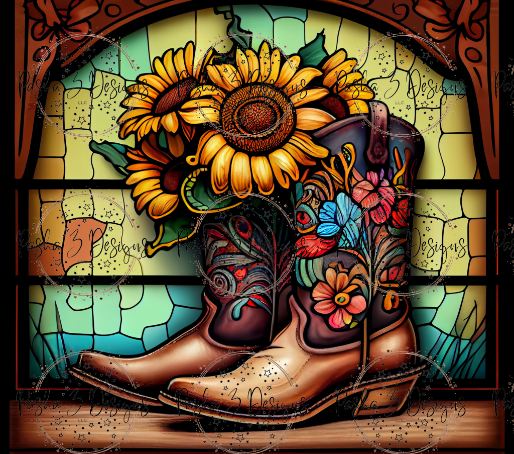 New: Cowgirl Boots Sunflower Stained Glass