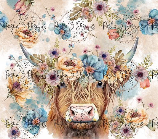 Highland Cow Blue And Muted Orange Flowers