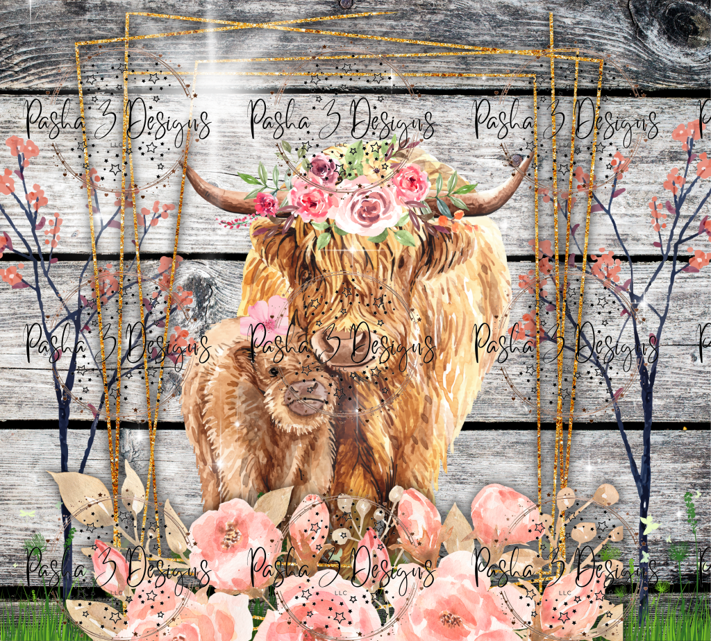 Highland Cows Mama And Baby Pink Floral